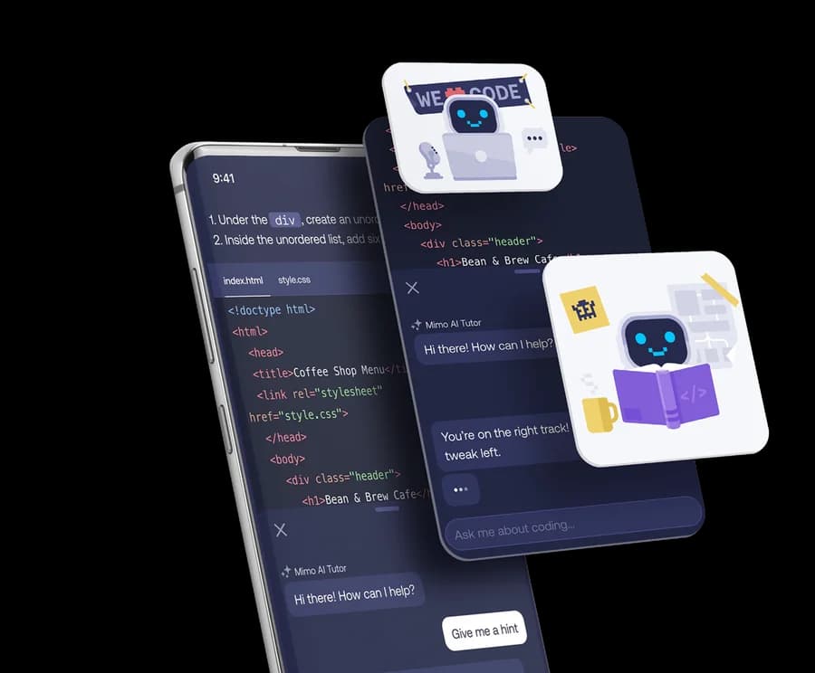 Mimo coding app interface on mobile phones