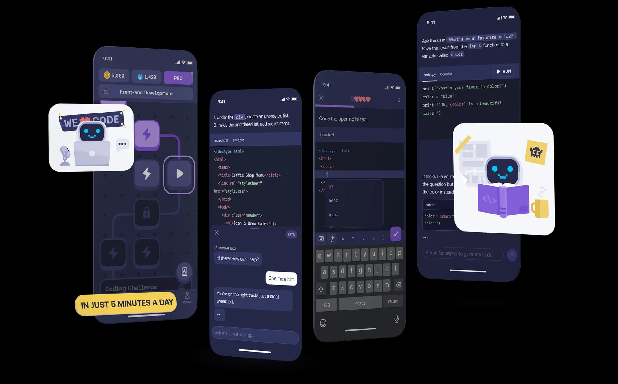 Mimo app screens with a learning path, coding exercises and the AI tutor