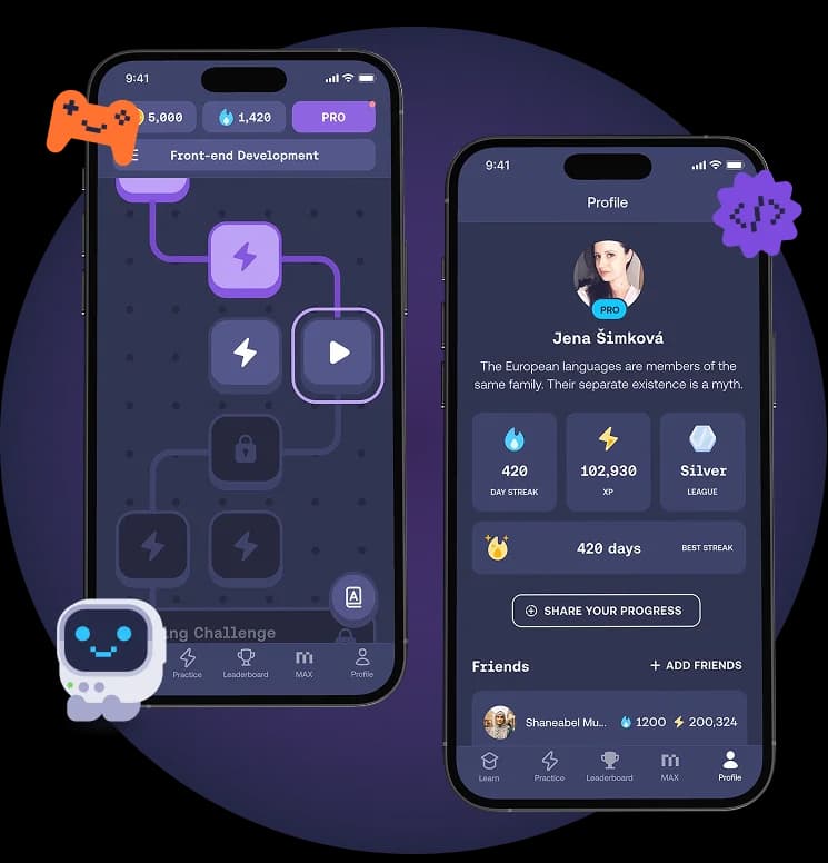 Mimo app screens with a learning path and a learner profile