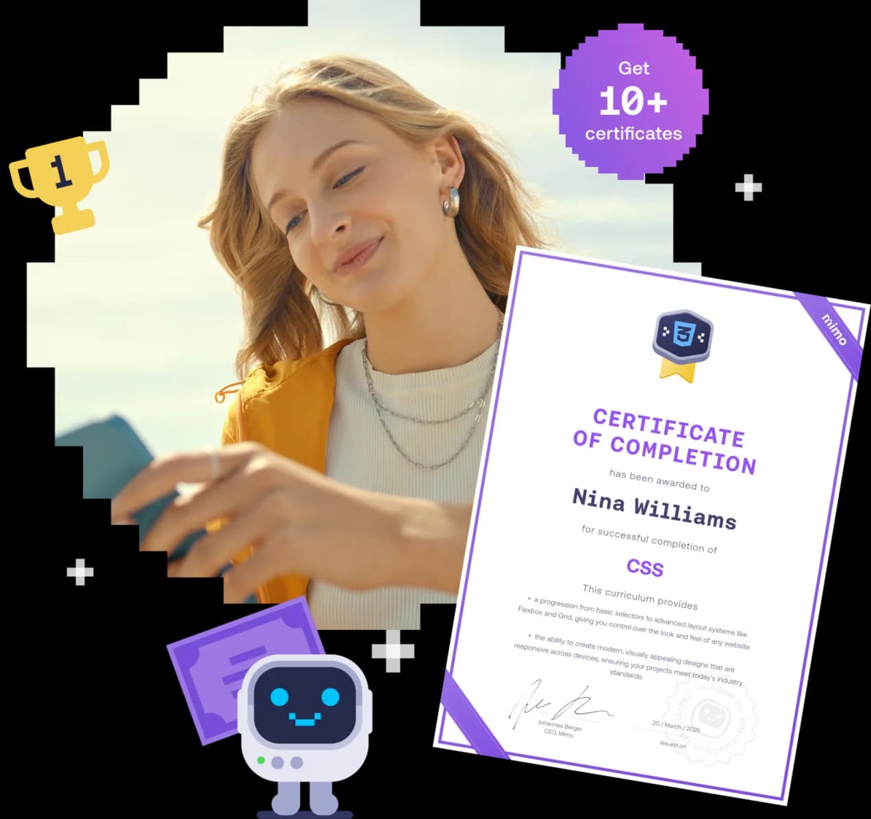 Woman smiling while checking her phone, next to a Mimo Certificate of Completion for CSS.