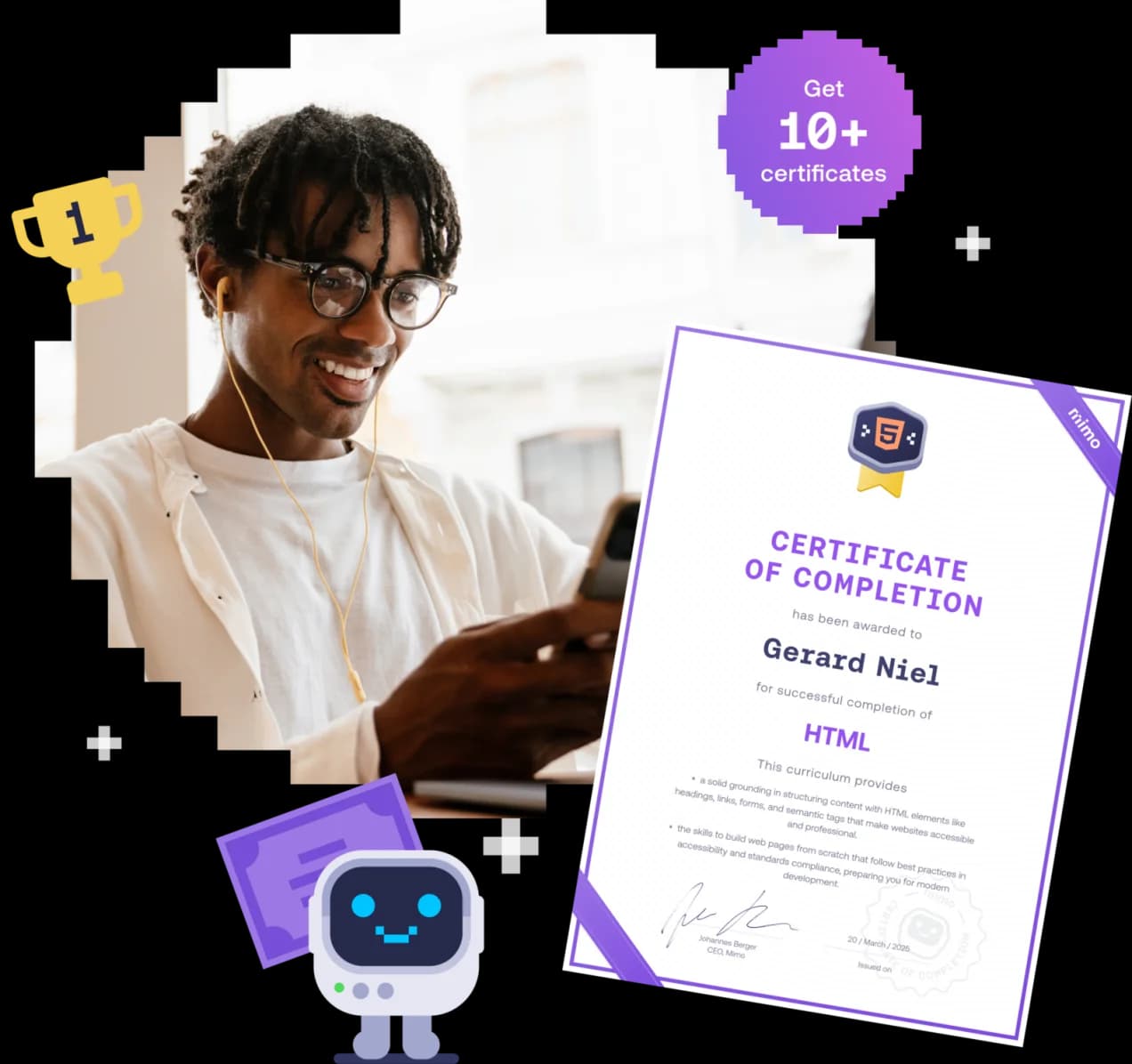 Man using a phone indoors beside a Mimo Certificate of Completion for HTML.