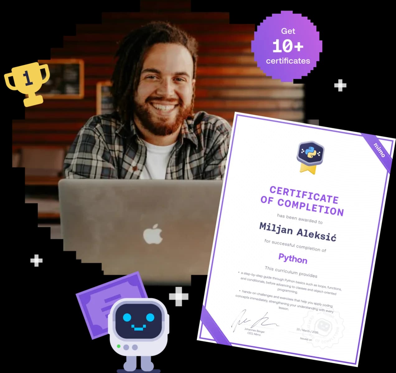 Man smiling while using a laptop beside a Mimo Certificate of Completion for Python.