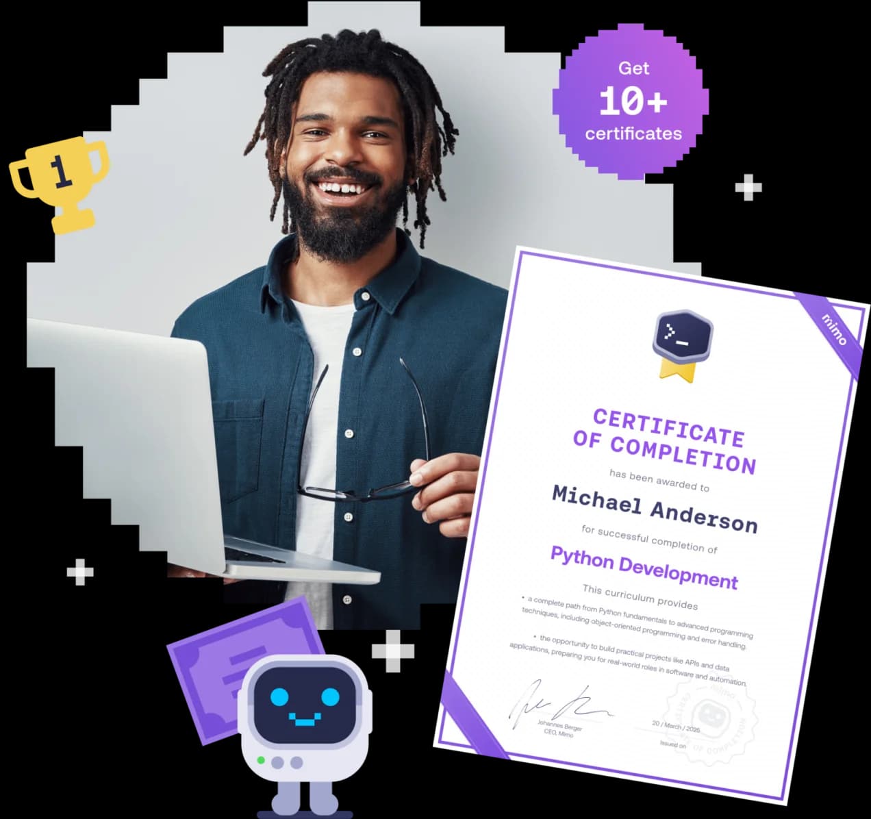 Man with a laptop smiling confidently next to a Mimo Certificate of Completion for Python Development.