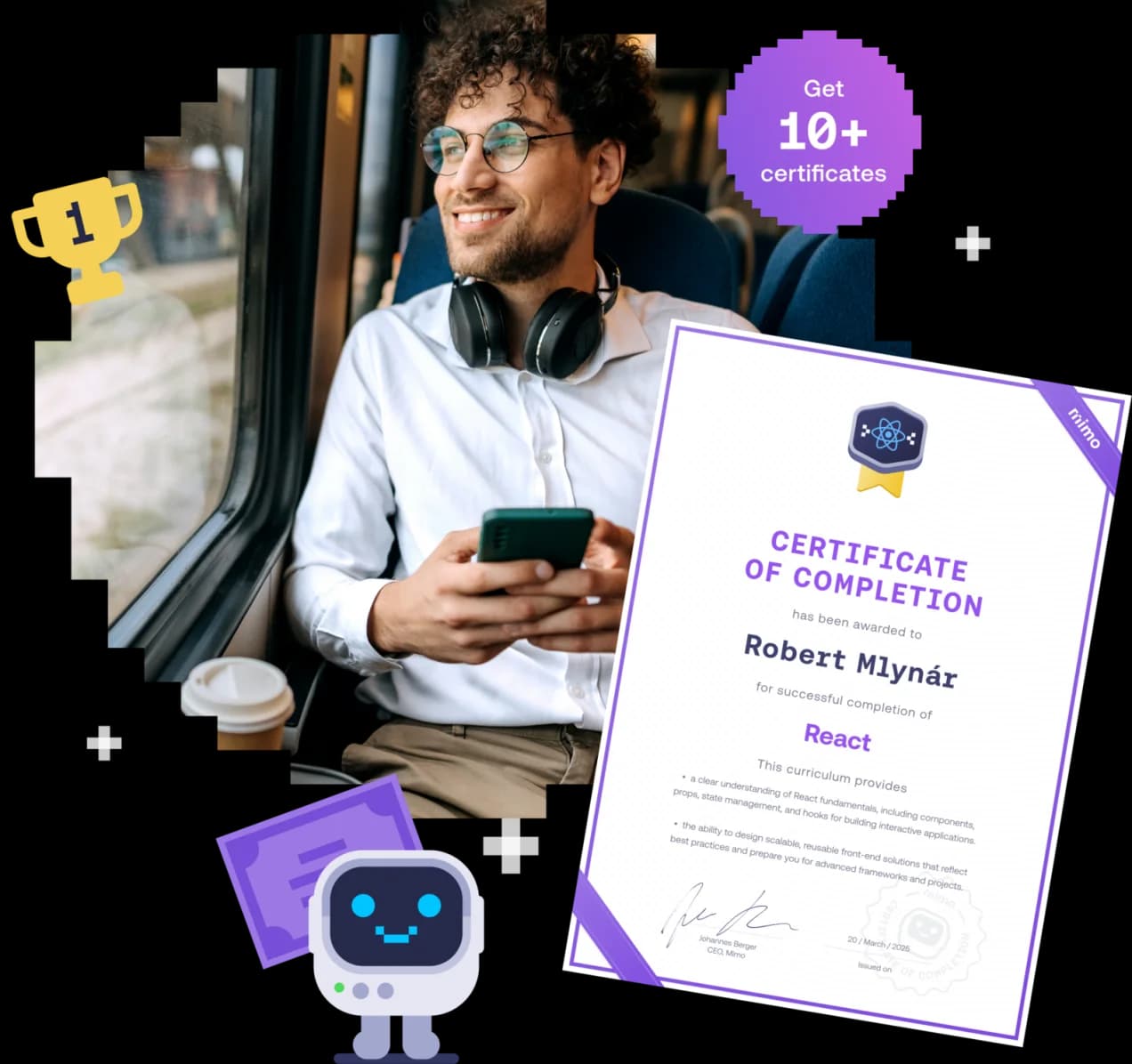 Man on a train smiling at his phone beside a Mimo Certificate of Completion for React.