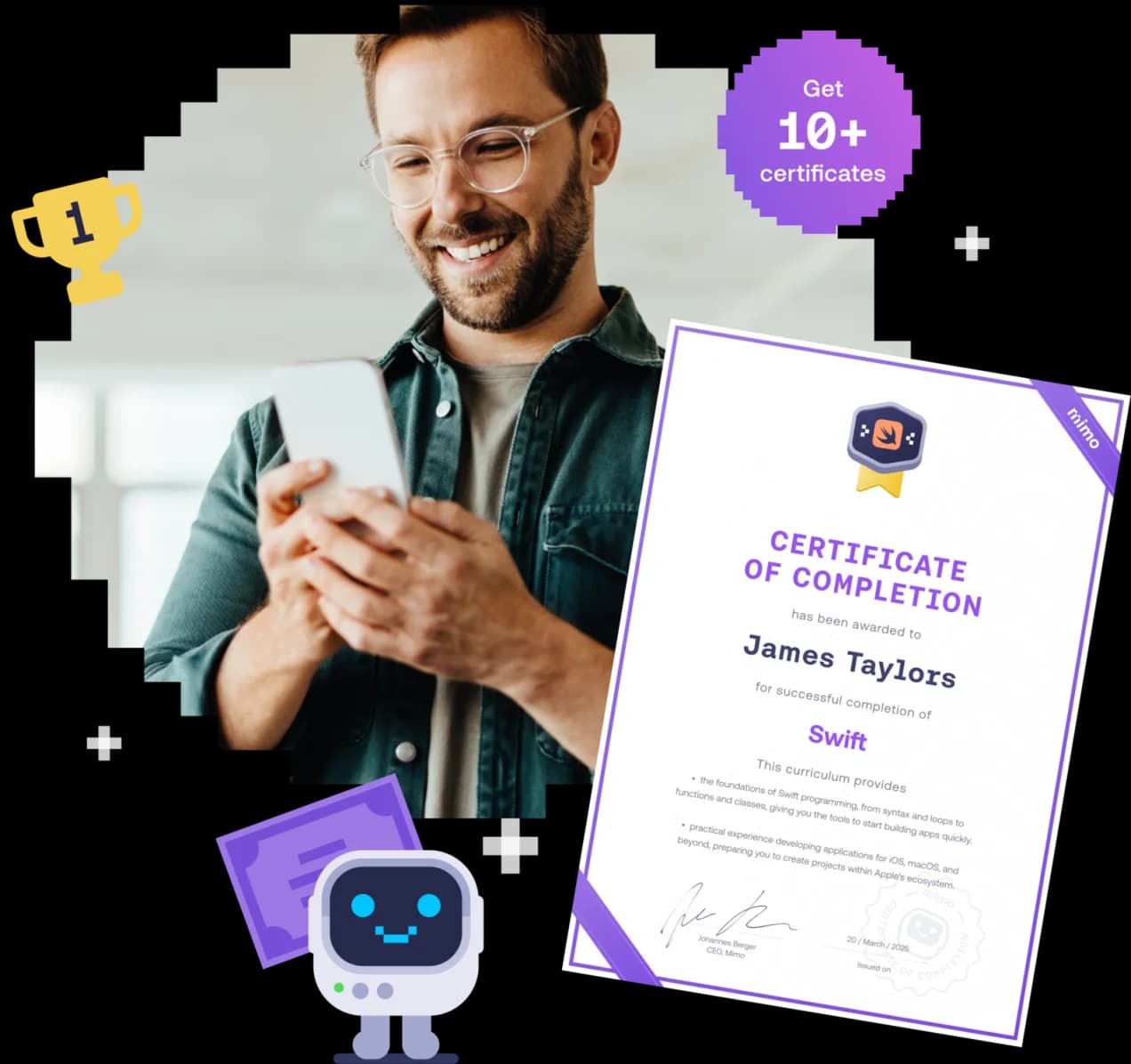 Man holding a smartphone and smiling beside a Mimo Certificate of Completion for Swift.