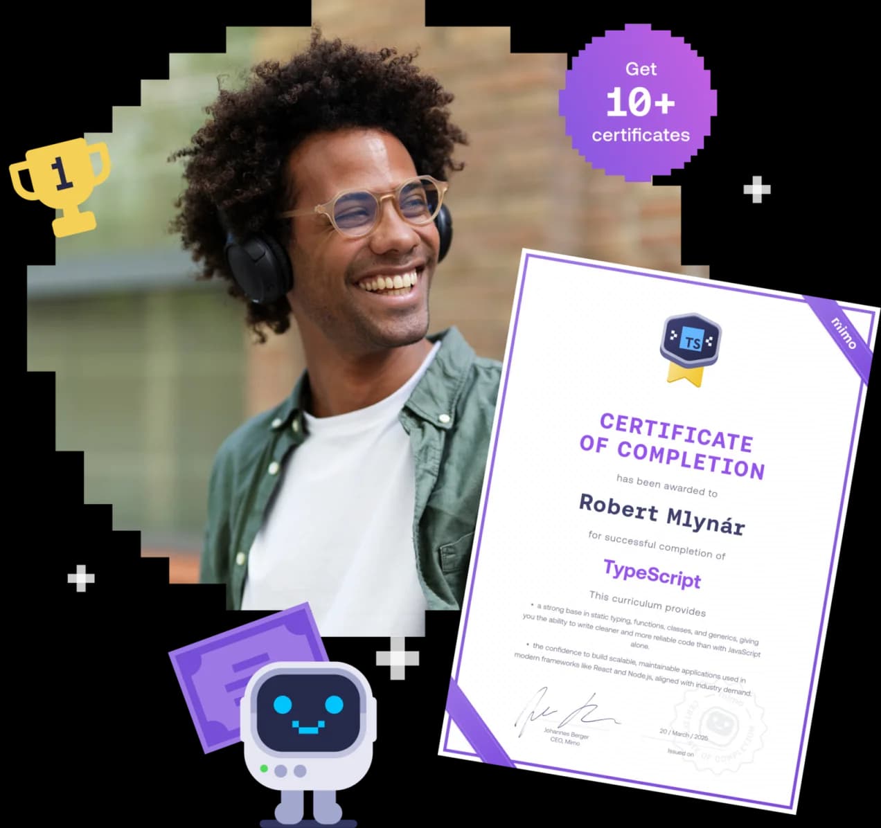 Man wearing headphones smiling outdoors next to a Mimo Certificate of Completion for TypeScript.