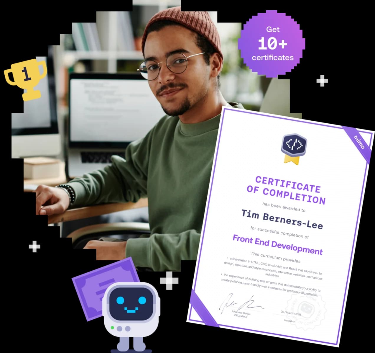 Person sitting at a computer, wearing glasses and a beanie, next to a Mimo Certificate of Completion for Front End Development.